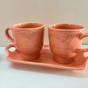 Embossed Ceramic Mug Set with Tray – 300ml (Set of 3)