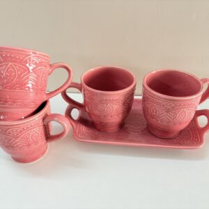 Embossed Ceramic Mug Set with Tray – 300ml (Set of 3)