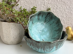 Artistic Turquoise Flower Ceramic Bowl